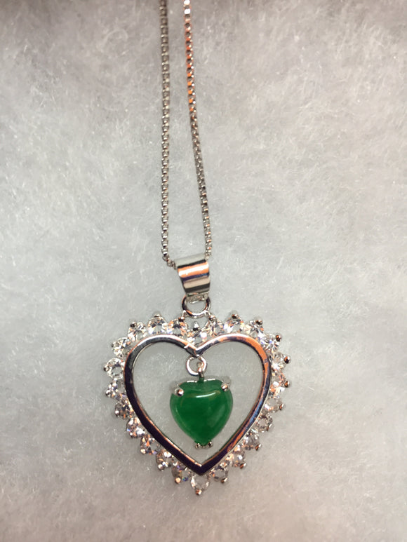 Silver Crystal Heart Necklace with Mini Jade Heart