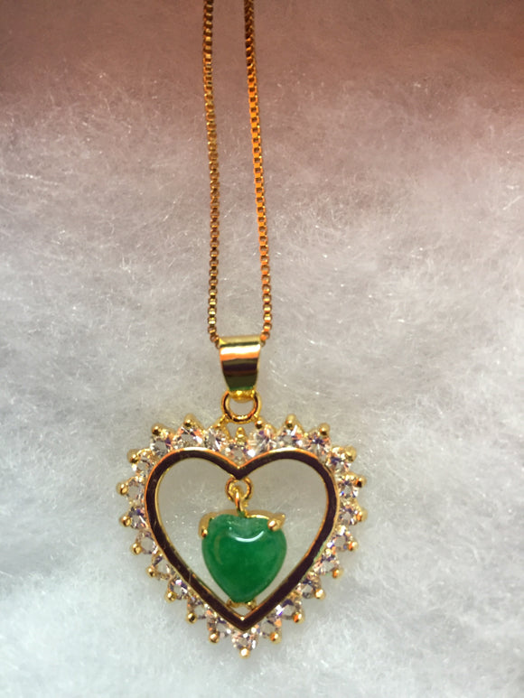 Gold Crystal Heart Necklace with Mini Jade Heart