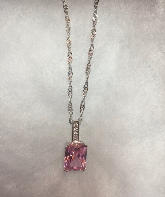 Silver/Pink Stone Pendant Necklace